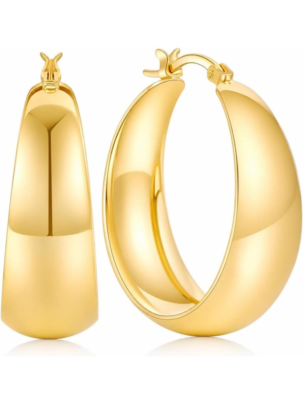 Stylish 14K Gold Hoop Earrings for Women - Wide Flat Design, Elegant & Versatile